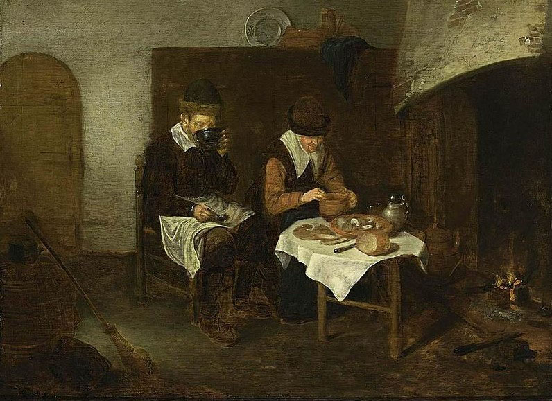 A Couple Having a Meal before a Fireplace
